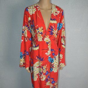 Pretty Little Thing Floral Print Plunge Long Sleeve Flowy Maxi Dress Size 6
